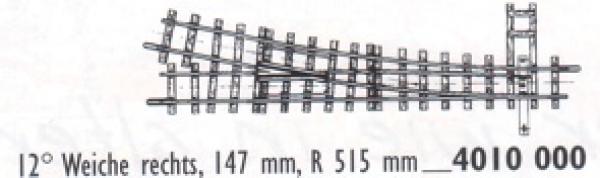 4010000 Bemo - H0e 12� Weiche rechts, 147 mm, R 515 - Spur H0e