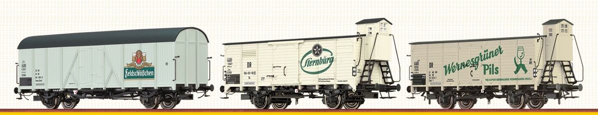 H0 SET Bierwagen DR in Epoche III und IV, 3-teilig. Feldschlößchen AG, Sterburg Leipzig und Wernesgrüner Pils