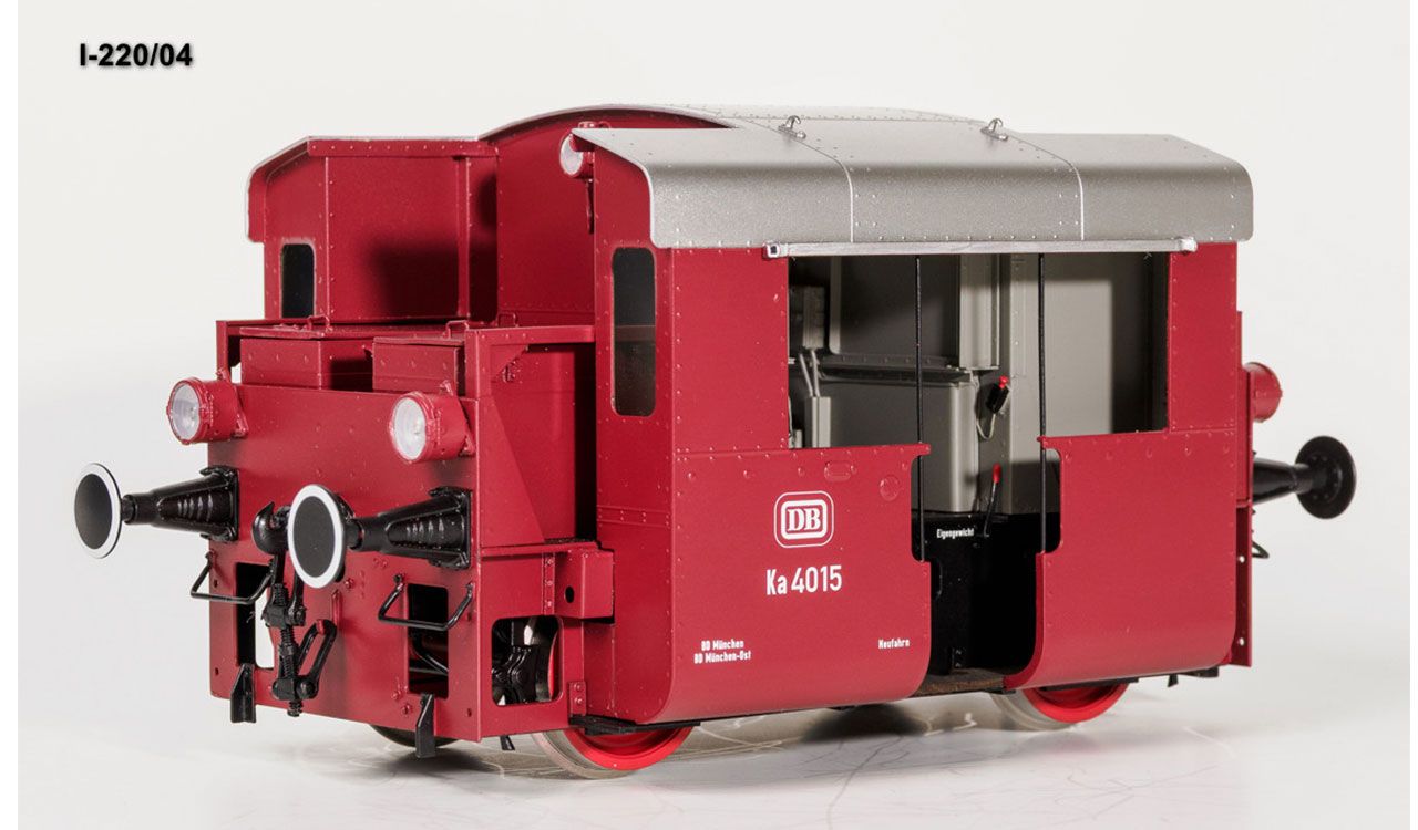 Art.-Nr.: I-220/04   DB Epoche IIIb, Ka 4015 Bw München Ost / Bh Neufahrn Fabriknummer AEG 4561 Aufbau rot , 3-Licht-Spitzensignal Korbpuffer 2-fach geschlitzt