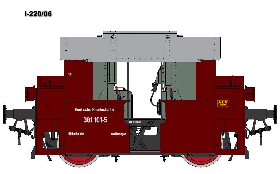 Art.-Nr.: I-220/06   DB Epoche IV, 381 101-5 BD Karlsruhe / Bw Haltingen Fabriknummer AEG 4561 Aufbau rot, 3-Licht-Spitzensignal Hülsenpuffer