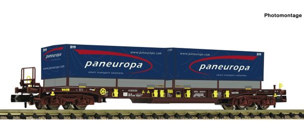 Taschenwagen, Bauart Sdgmns 33, der Ahaus Alstätter Eisenbahn. Beladen mit zwei Wechselpritschen der Spedition „Paneuropa“