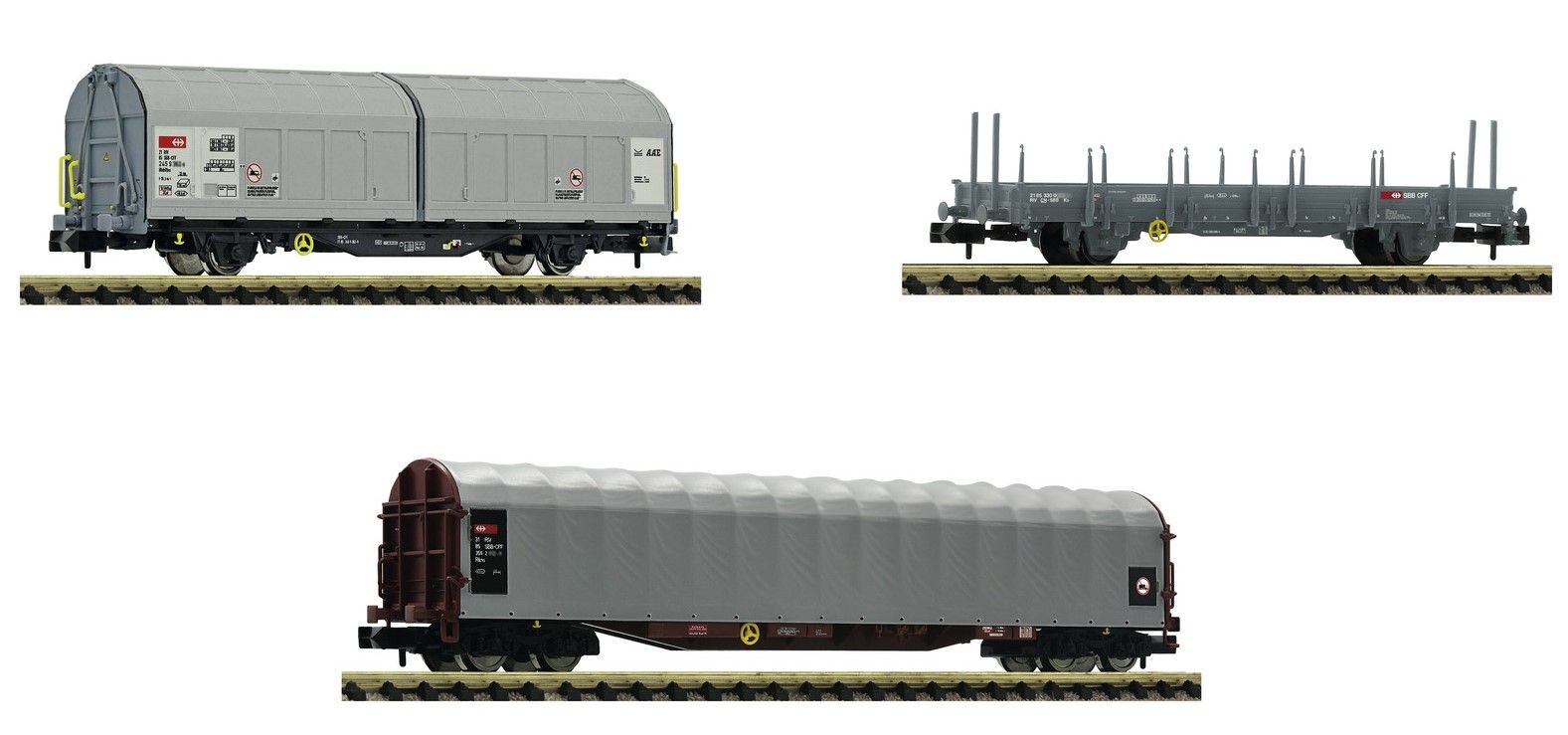 1x Schwenkrungenwagen, 1x Schiebewandwagen und 1x Schiebeplanenwagen.