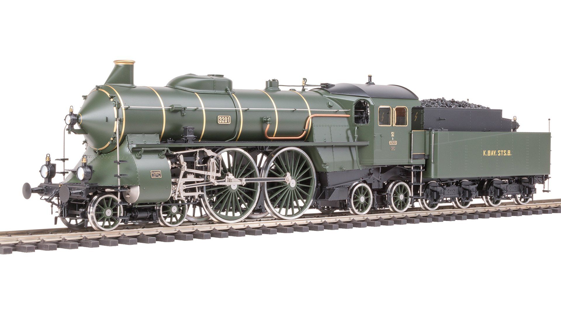 FineScale, MÜNCHEN, Zustand 1908, Kessel flaschengrün RAL 6007, Räder flaschengrün RAL 6007, Kesselringe blank, 3x Petroleumlaternen