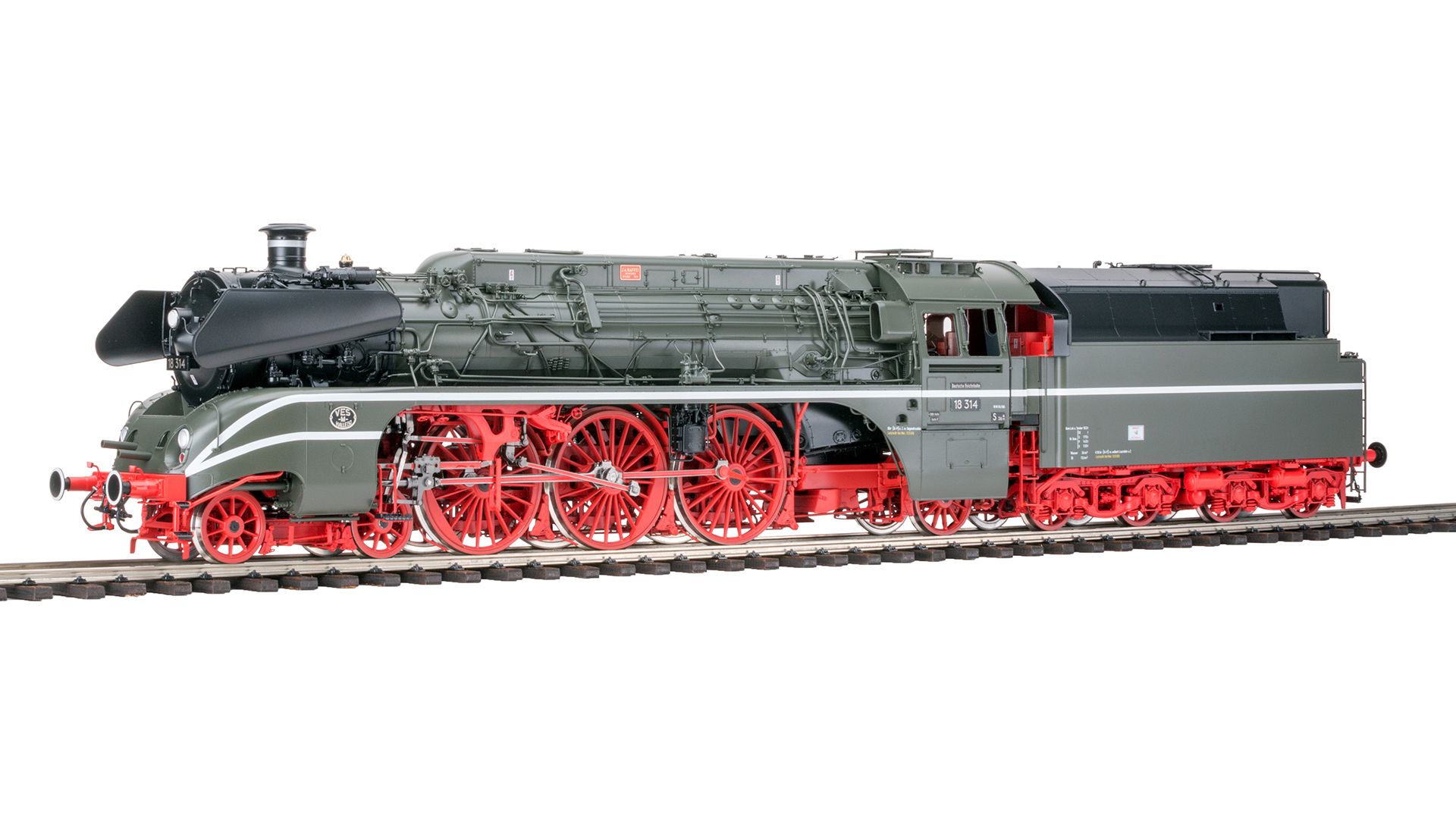 FINESCALE, Rbd Halle Bw Halle P, Zustand 1969/70, RAL 6015 schwarzoliv / 3000 feuerrot, Ölfeuerung, Tender 2’2 T34, Kaminring, Puffertellerwarnanstrich