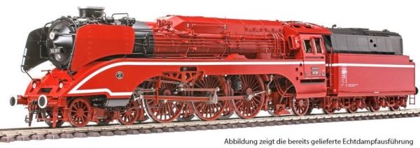 Zustand April 2003, Rbd Halle, Bw Halle P, optionaler Zusatztender, Ölfeuerung, Aufbau RAL 3003 rubinrot, Fahrwerk RAL 3002 karminrot, Roco Sonderlackierung