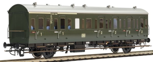 B (ex BC-21) DRO Ep. IIIb 1./2. Kl,Einheits-Abteilwagen D-21. Beschriftungsvariante A, B, C. Premium Edition aus Messing und Edelstahl. Innenbeleuchtung schaltbar, Federpuffer, Schraubkupplungen austauschbar, Kurzkupplung mit Kulissenf