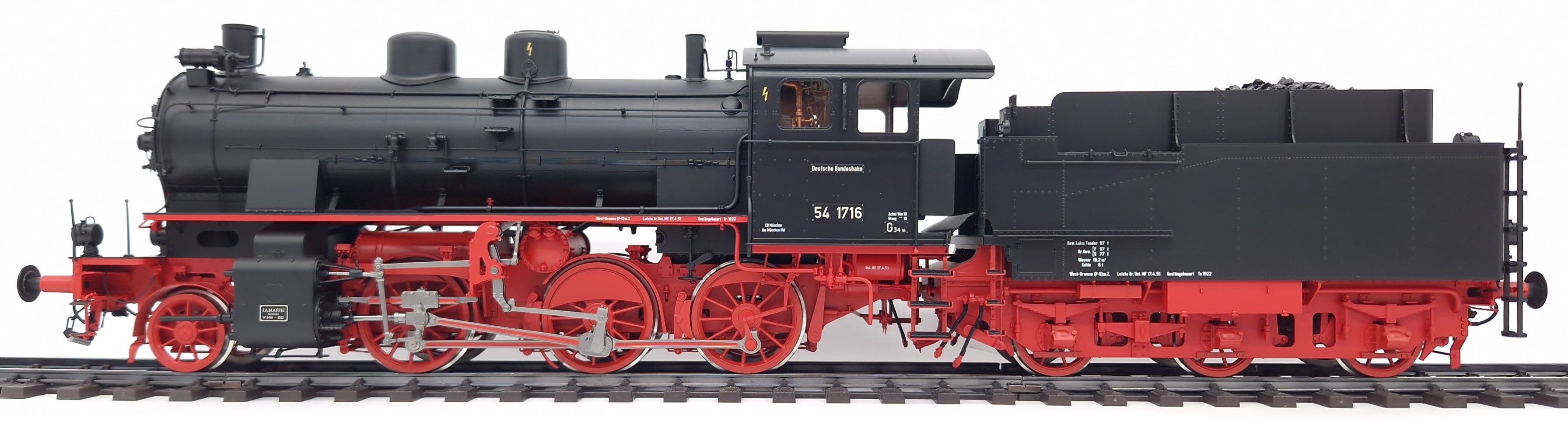 G3/4h B, Variante B, Lackierung in schwarz/rot, 2x DRG Laternen, Deutsche Bundesbahn Schriftzug, Aluschilder
