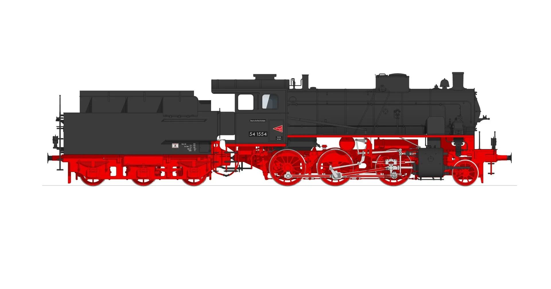 G3/4h A, Variante A, Lackierung in schwarz/rot, 2x DRG Laternen, Deutsche Reichsbahn Schriftzug, Aluschilder, Wimpel „In Persönlicher Pflege“, Kleiner Tenderaufsatz, „Kein Trinkwasser“ am Tender