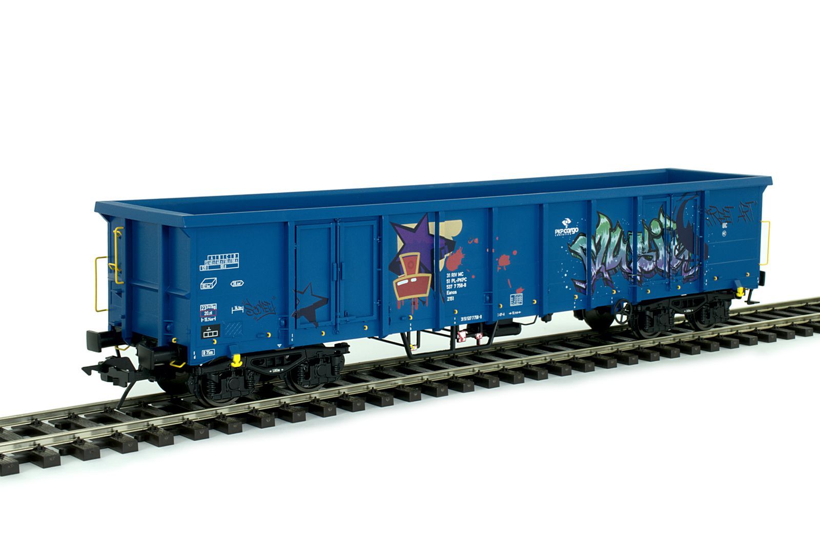 Hochbordwagen Eanos, PKP, Epoche 6, Betr.-Nr.537 7 758-8, enzianblau RAL 5010, Graffiti.