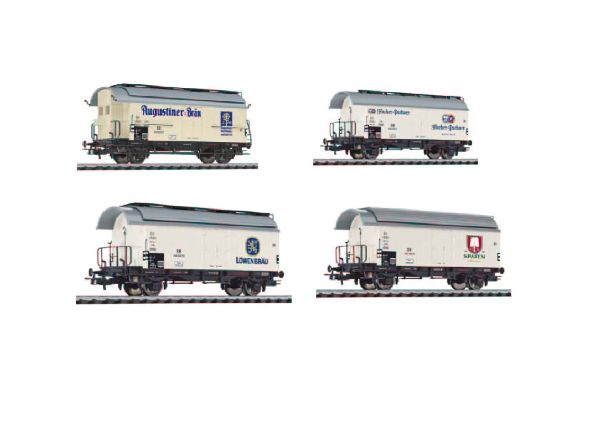 4-teiliges Bierwagen-Set, Münchner Brauereien, eingestellt bei der DB, Epoche III. Die Wagen sind entweder mit Bremserbühne oder Bremserhaus ausgestattet und haben unterschiedliche Dachaubauten (mit und ohne Sonnenschutzdach, mit und ohne Dachlaufste