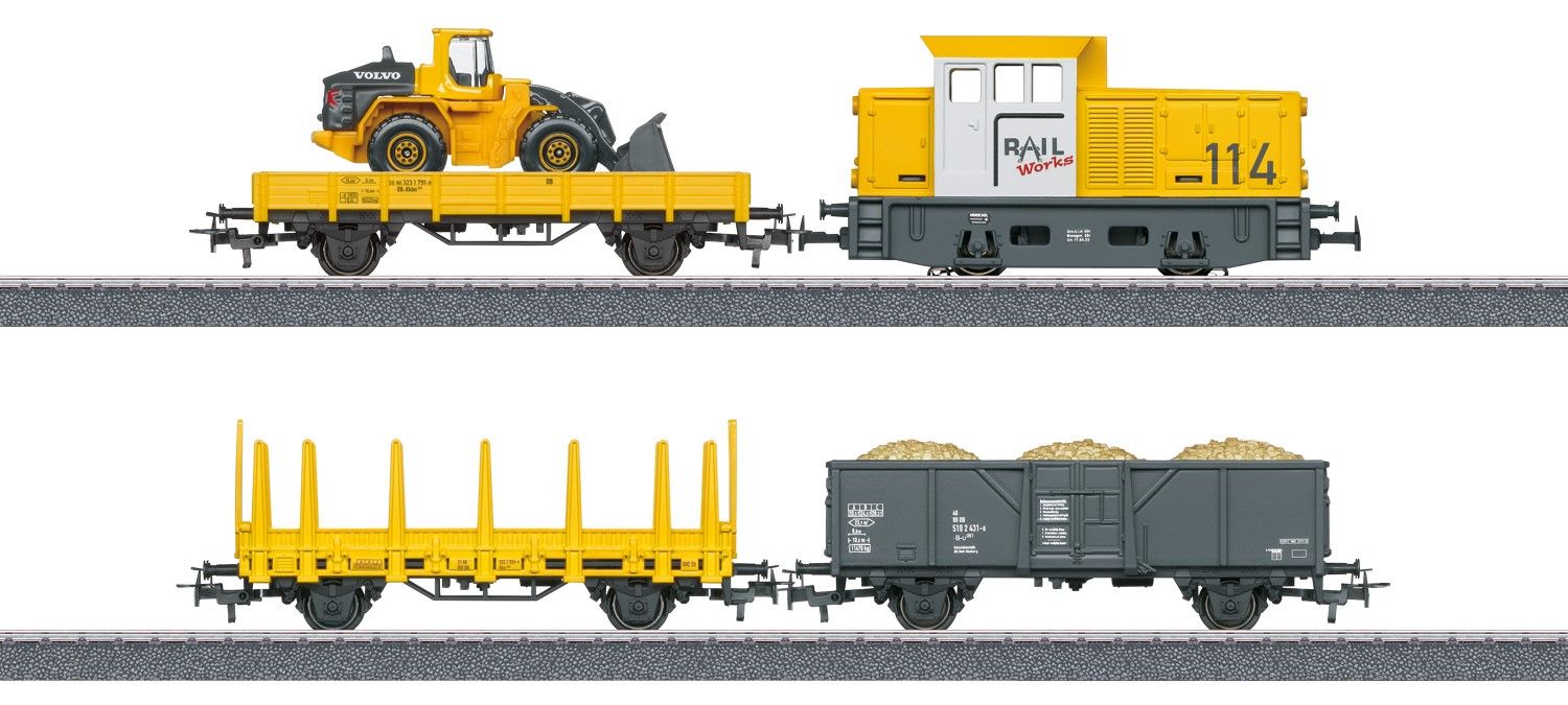 Das Set ist ohne Gleise und ohne Trafo bzw. Netzteil/Regler! In OVP! Vierteiliger Güterzug in Bauzug-Gestaltung. Robuste Lok mit Digital-Decoder mfx und Dreilicht-Spitzensignal.