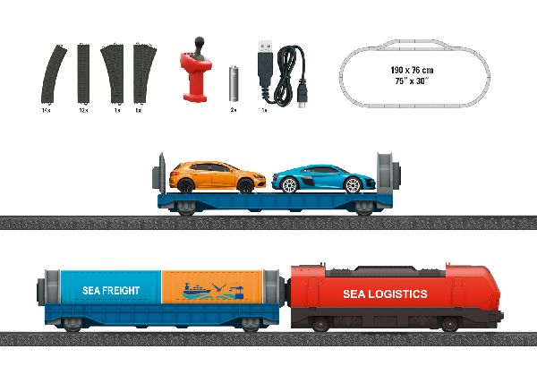 Lokomotive mit Akkuantrieb und Magnetkupplung am hinteren Fahrzeugende. Motor, Akku und die gesamte Elektronik sind für Kinder unzugänglich verbaut. Die Lok kann mit dem mitgelieferten USB-Ladekabel aufgeladen werden