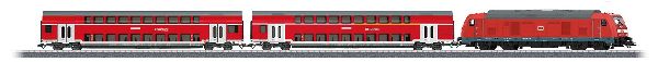 aus Startset 29479 - ohne Gleise und ohne Trafo bzw. Netzteil/Regler! - ohne OVP Lieferung erfolgt in Ersatzverpackung! : Digital Zug-Set mfx Sound Diesellok BR 245 mit 2 Doppelstockwagend DB AG