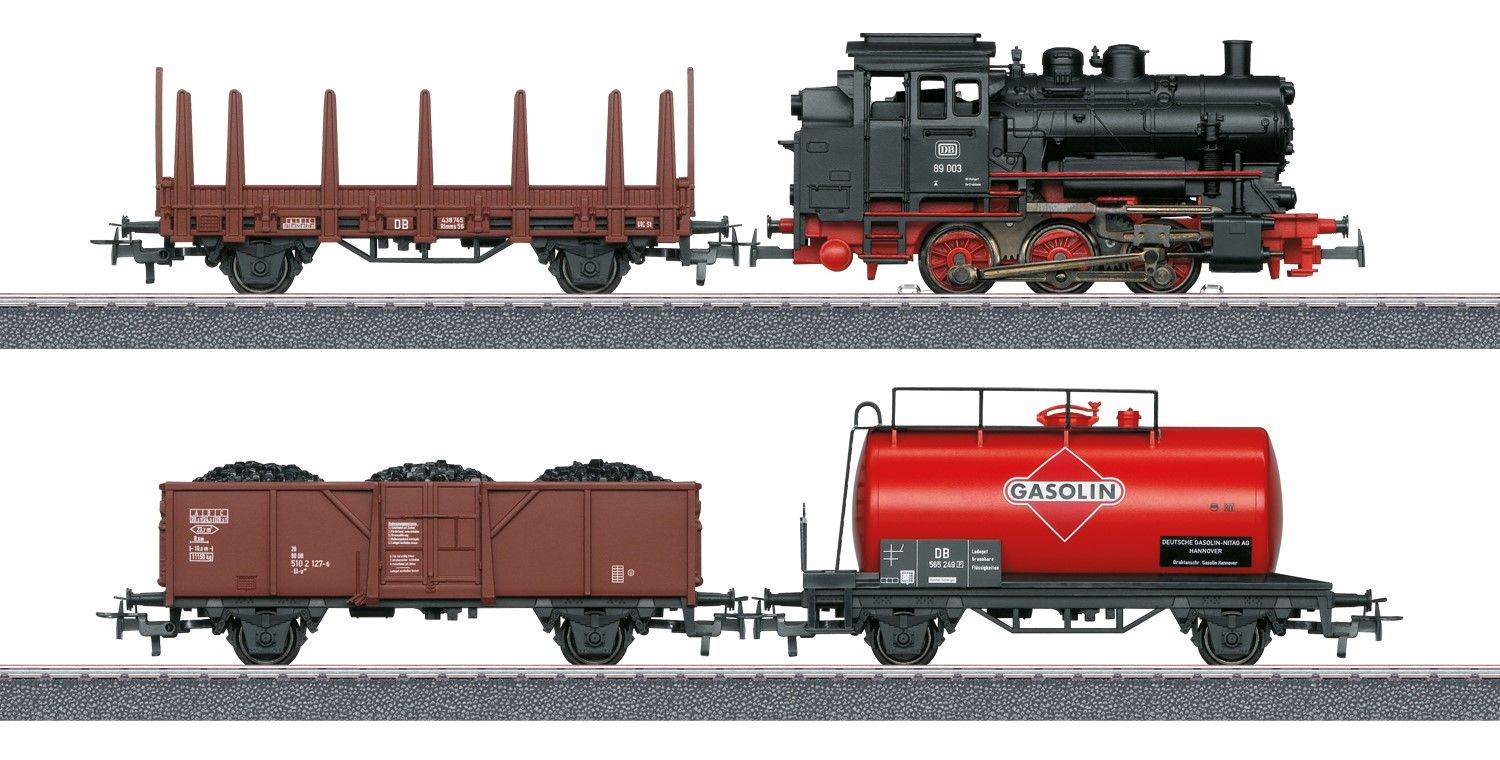 ohne OVP - verpackt in Styroeinsatz! NUR Lok und 3 Wagen: 1x Tenderlok Baureihe 89.0, 1x offener Güterwagen, 1x Kesselwagen „Gasolin“ und 1x Rungenwagen Rlmms 56 der Deutschen Bundesbahn (DB) Epoche III.