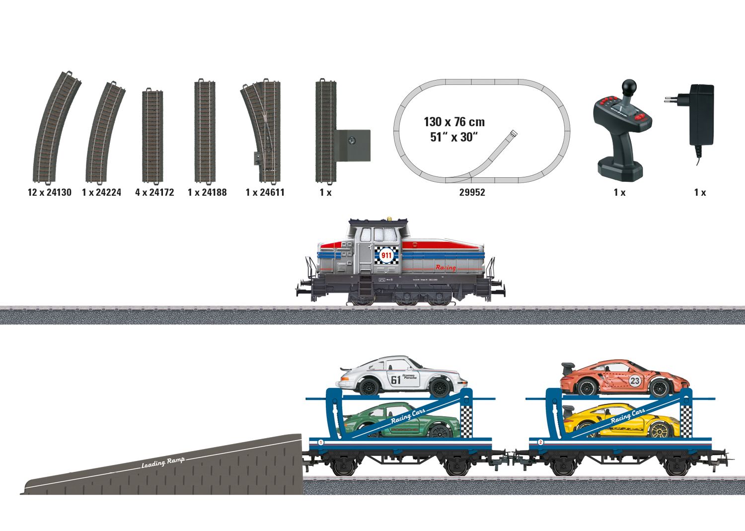 Diesellokomotive Henschel DHG 500 (mit Lichtfunktion und mit Digital-Decoder) und zwei doppelstöckige Autotransportwagen beladen mit Porsche Autos.