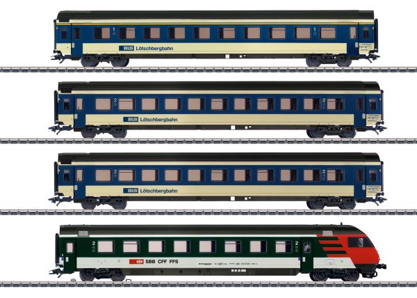 4 verschiedene Schnellzugwagen unterschiedlicher Bauarten der Bern-Lötschberg-Simplon Bahn (BLS). 1 Einheitswagen EW IV A, 1. Klasse, 2 Einheitwagen EW IV B, 2. Klasse, 1 Steuerwagen mit Führerstand EW IV Bt, 2. Klasse für Wendezugbetrieb.