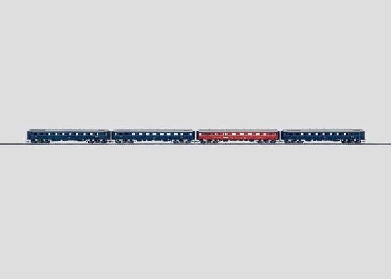 4 verschiedene Schnellzugwagen der Deutschen Bundesbahn (DB). 3 Sitzwagen B4üe-28/52. 1 Speisewagen WR4ü(e). Wagenaufbauten aus Feinblech.