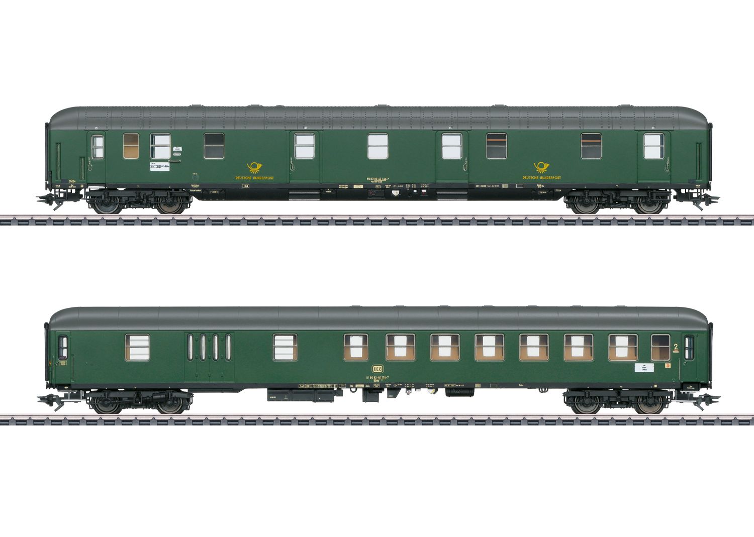 Ein Bahnpostwagen Bauart Post mr-a der Deutschen Bundespost DBP und ein Halbgepäckwagen Bauart BDüms 273 2. Klasse der Deutschen Bundesbahn (DB). Wagenlauf: Ulm – Friedrichshafen - Lindau. Gesamtlänge über Puffer ca. 56,5 cm.