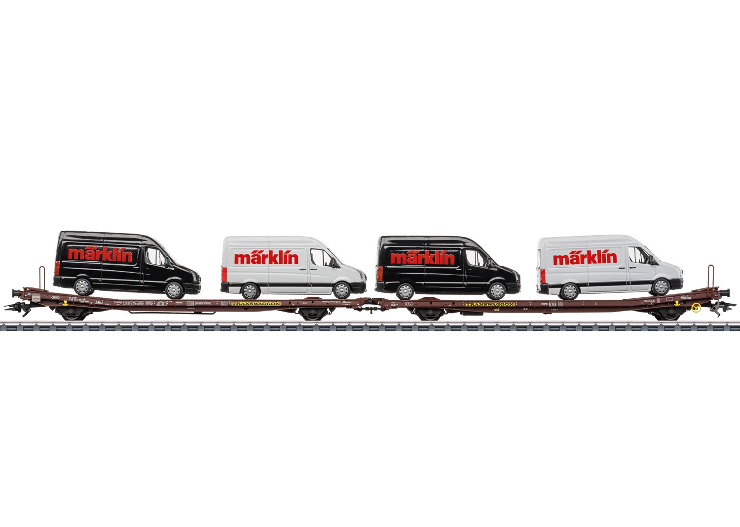 LIMITIERT! LT: IV.Q.2026!  Märklin Store-Wagen 2026! 4-achsiges Flachwagen-Paar Laad 800B/TWA 800. Beladung mit 4 VW Crafter (Schuco) MÄRKLIN Werksverkehr. LüP 324 mm