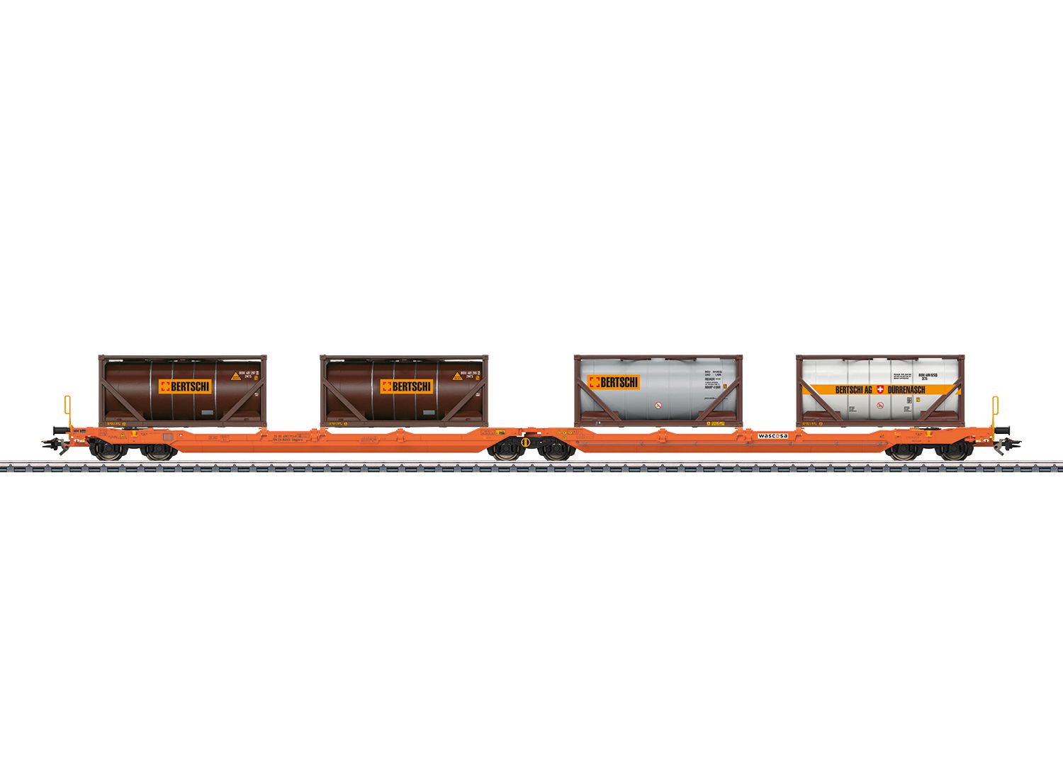 6-achsiger Doppel-Taschenwagen mit Gelenk der Bauart Sdggmrss (T3000e) der Wascosa AG. Beladen mit vier 20ft. Tankcontainer der Spedition Bertschi