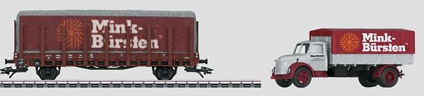 LIMITIERT! Planenbeladung mit Werbebeschriftung "Mink Bürsten" und LKW-Modell aus Metall. Länge des LKW Modell 8,2 cm.