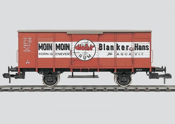 Gedeckter Güterwagen mit Flachdach,braun,Kunststoff-Gehäuse, Aufschrift MOIN MOIN Holst Blanker Hans