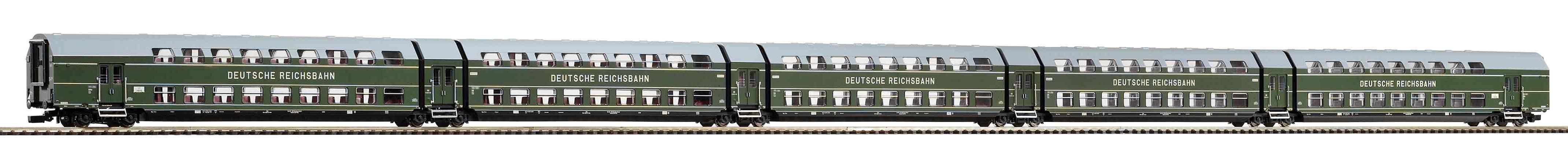 CLASSIC Personenwagen-Set: Druckvariante des fünfteiligen Doppelstock-Gliederzuges in der Ausführung der Deutschen Reichsbahn in Epoche III. Innenbeleuchtung nachrüstbar mit #56140 5x. LüP 1.199 mm