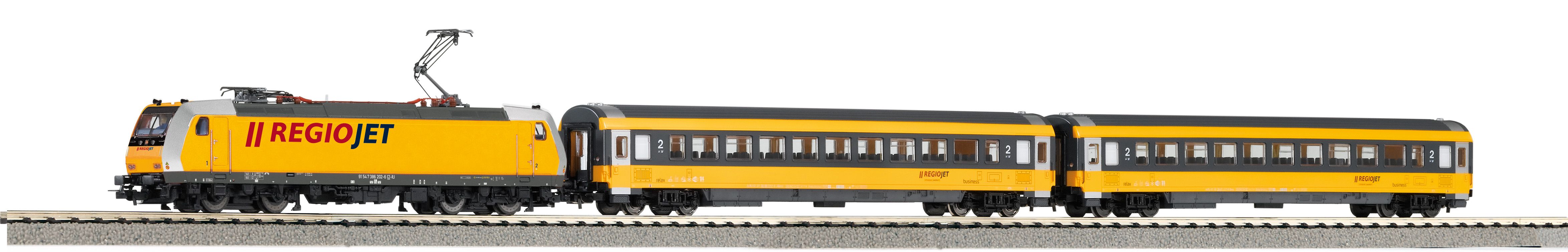 PIKO SmartControl light Startset Regiojet Personenzug BR 386 mit 2 Wagen A-Gleis mit Bettung Epoche VI