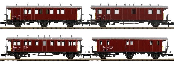 Schweizer Oldtimerwagen Set je ein Magazin- und Werkzeugwagen, 2 Unterkunftswagen (ex F3, B3, B2 u C