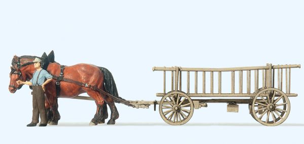 30416 Preiser - Leiterwagen. Bauer, 2 Pferde - Spur H0