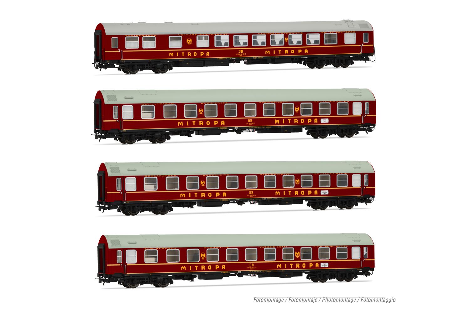 DR, 4-tlg. Set OSShD Typ B Reisezugwagen „Tourex" in roter Lackierung, bestehend aus 2 x WLAB, 1 x WLABD und 1 x WR, Ep. IV Modellinformationen: 2-Leiter Gleichstrom System Kupplungsschacht nach NEM mit KK-Kinematik Mindestradius: 356,5 mm LüP: 1133