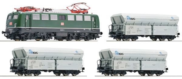 4-teilige Garnitur: E-Lok BR 140 837-6 der DB AG mit 3 grauen Selbstentladewagen der KVG