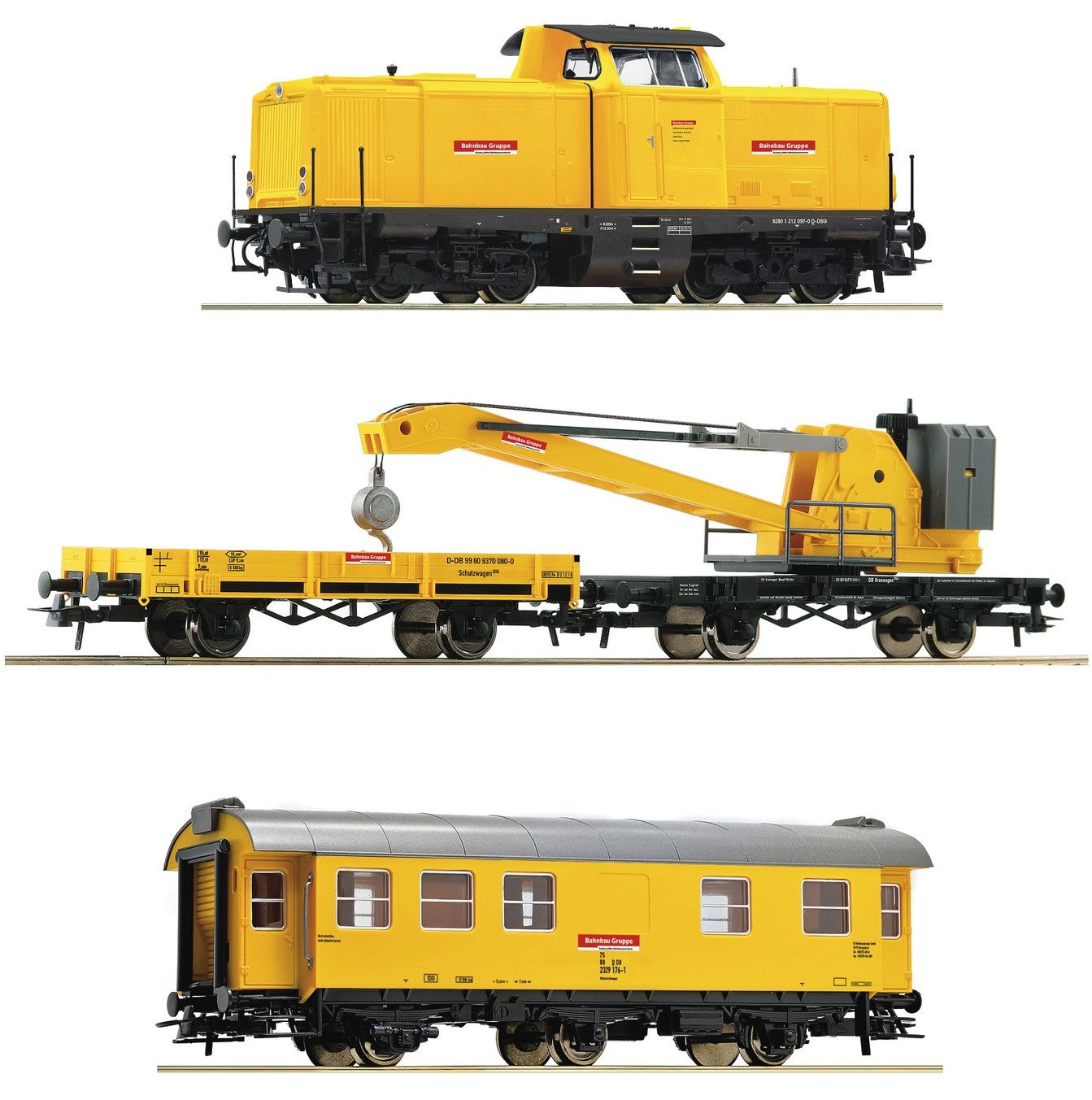 Ohne OVP - verpackt in Styroeinsatz! Aus Startset 5100002 nur Lok und 3 Wagen! Diesellok Baureihe 212 DC analog mit PluX22-Schnittstelle und Kranzug der Deutschen Bahn, Geschäftsbereich Bahnbau Gruppe, LüP 496 mm.