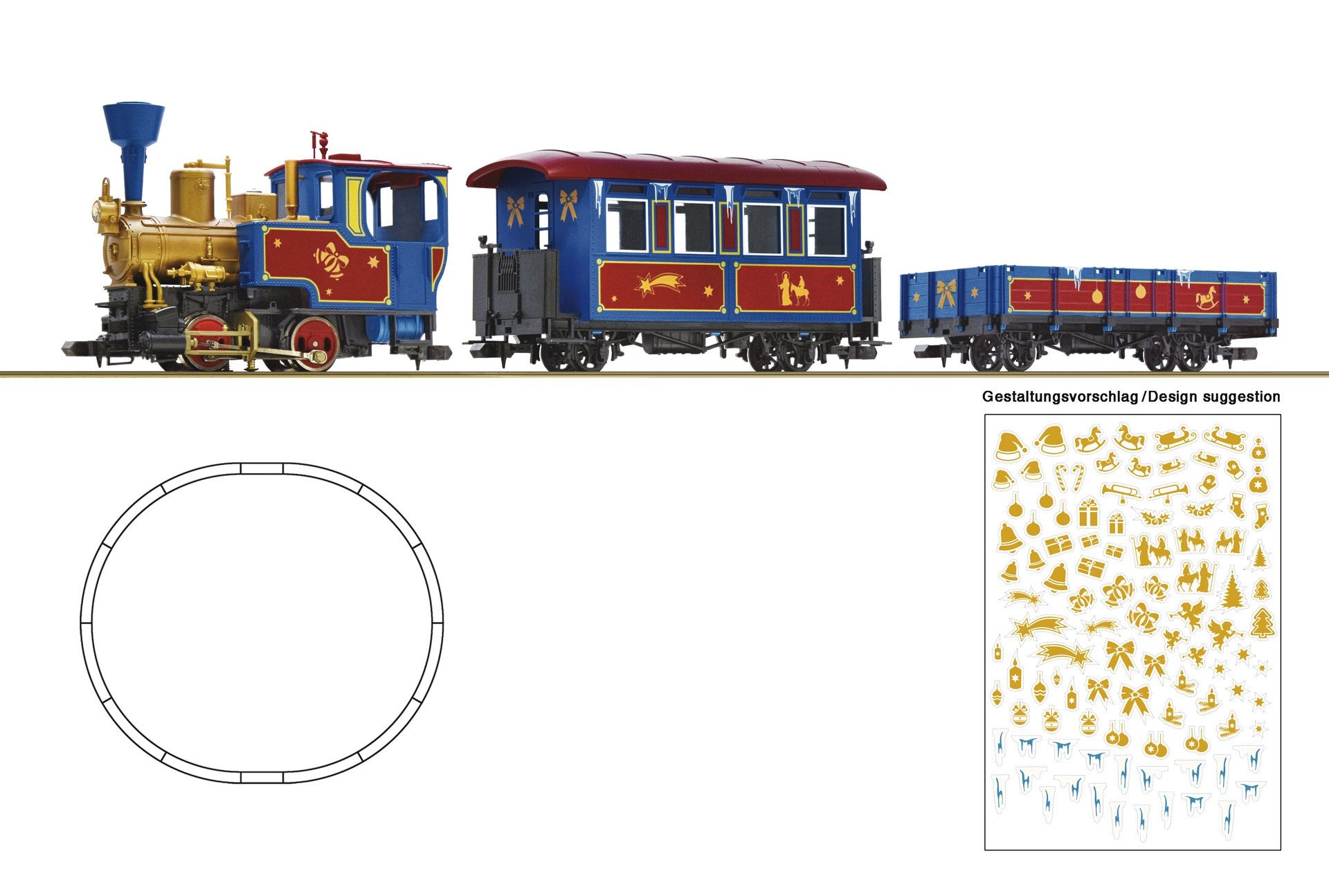 Ohne Trafo/Netzteil!  1x Dampflok, 1x Haubendach-Personenwagen und 1x Mittelbordwagen. ROCO-Line Gleisoval in Schneeoptik ca. 110 x 100 cm. DC-analog mit Schnittstelle NEM 651 mit Steckvorrichtung. Stickerbogen mit weihnachtlichen Motiven