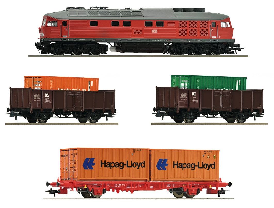 ohne Gleise und ohne Trafo bzw. Netzteil/Regler! Ohne OVP - verpackt in Styroeinsatz! 1 Diesellok BR 232 DCC-Digital, 2 offene Güterwagen beladen mit 20'-Containern, 1 Containertragwagen beladen mit zwei 20'-Containern