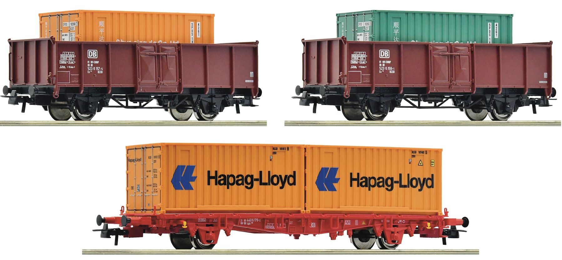 nur 3 Güterwagen aus Set 5110003  2 offene Güterwagen beladen mit 20'-Containern 1 Containertragwagen beladen mit zwei 20'-Containern