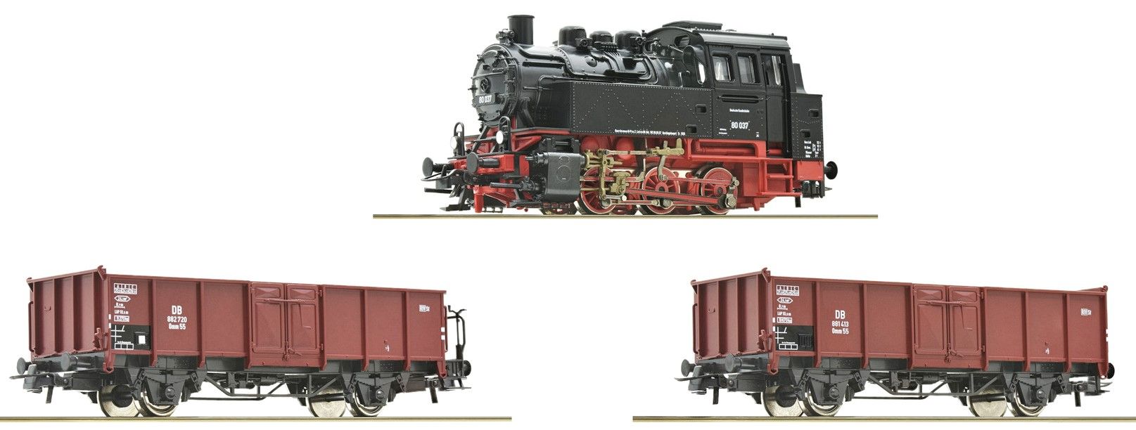 Das Set ist ohne Gleise und ohne Trafo bzw. Netzteil/Regler! Ohne OVP - verpackt in Styro-Einsatz! Lieferumfang: 1x Dampflokomotive BR 80 mit 2x offenen Güterwagen.