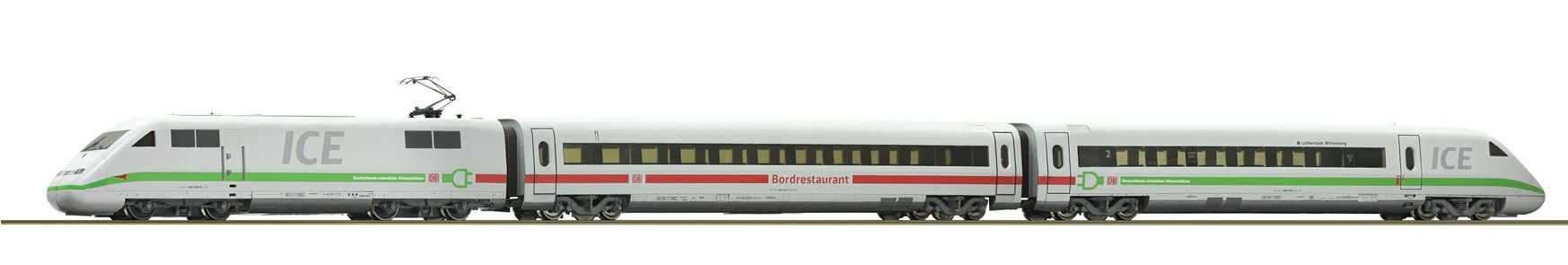Das Set ist ohne Gleise und ohne Trafo bzw. Netzteil/Regler! 3-teiliger ICE2 BR 402 Klimaschützer, DC-Analog mit PluX16-Schnittstelle. LüP 742 mm. Längenmasstab 1:100