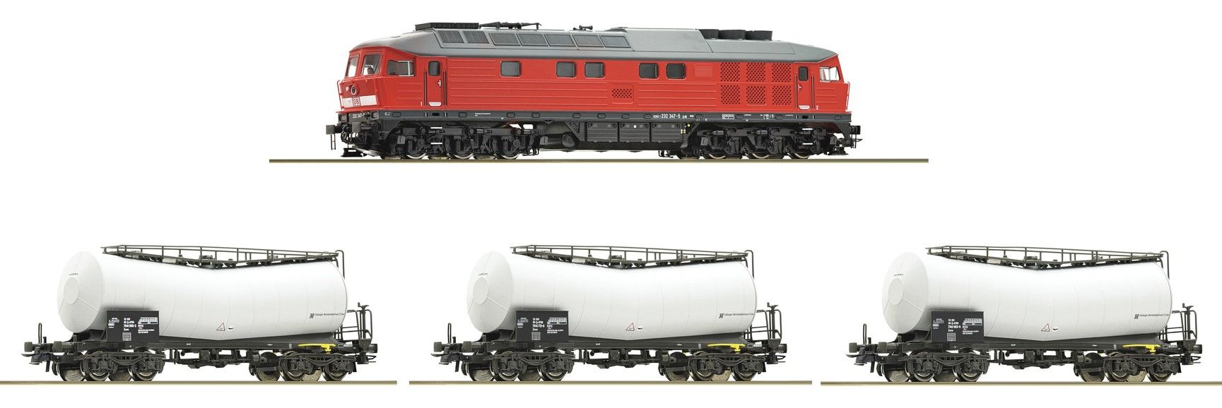 ohne Gleise und ohne Trafo bzw. Netzteil/Regler! Ohne OVP - in Styro-Einsatz! 4-teilige Güterzug-Garnitur: Diesellok BR 232 mit 3 Knickkesselwagen der DB AG in Epoche VI. DCC-digital
