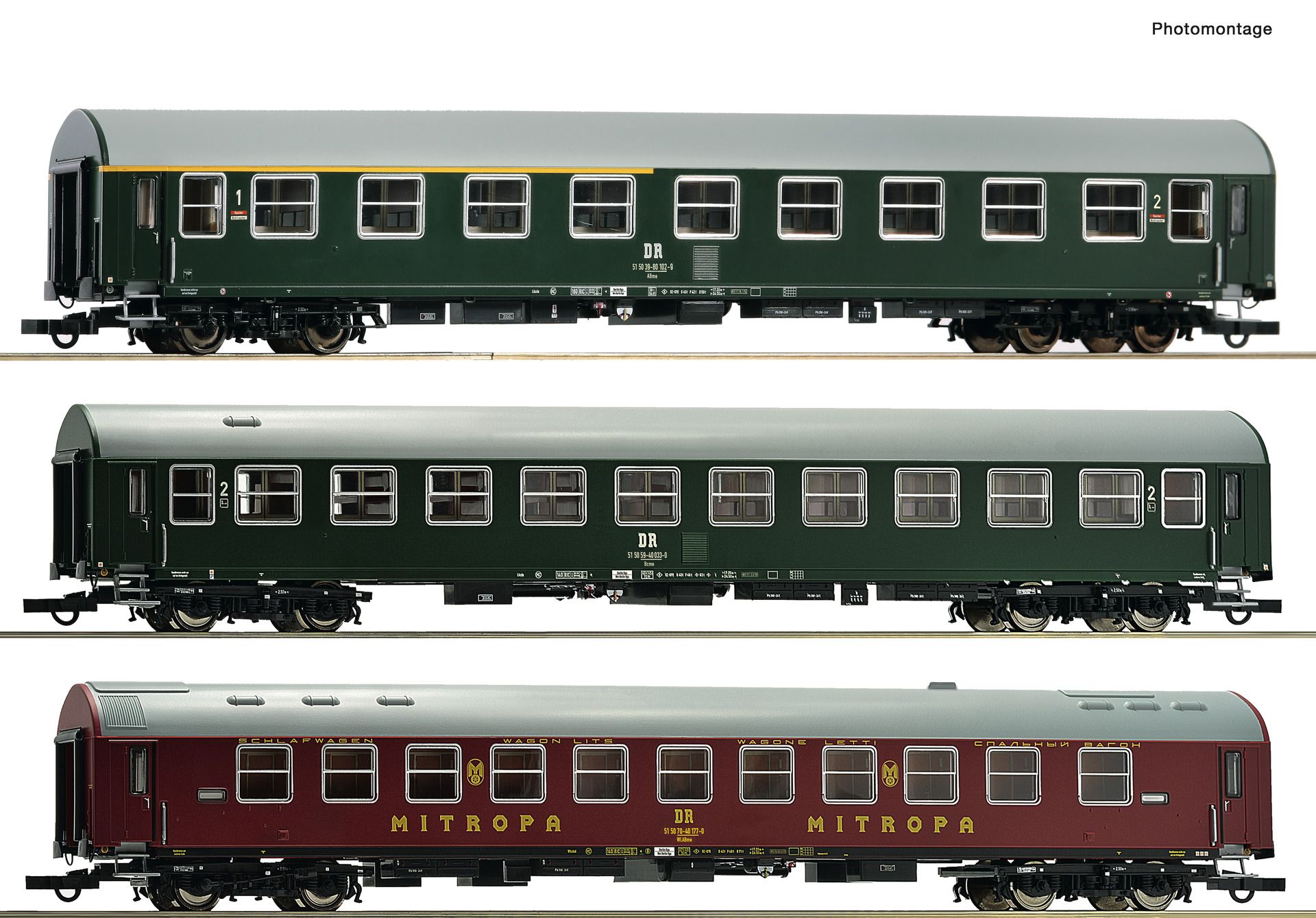 Bestehend aus einem Reisezugwagen 1./2. Klasse, Gattung ABme, einem Liegewagen, Gattung Bcme und einem Schlafwagen, Gattung WLABme. LüP 846 mm