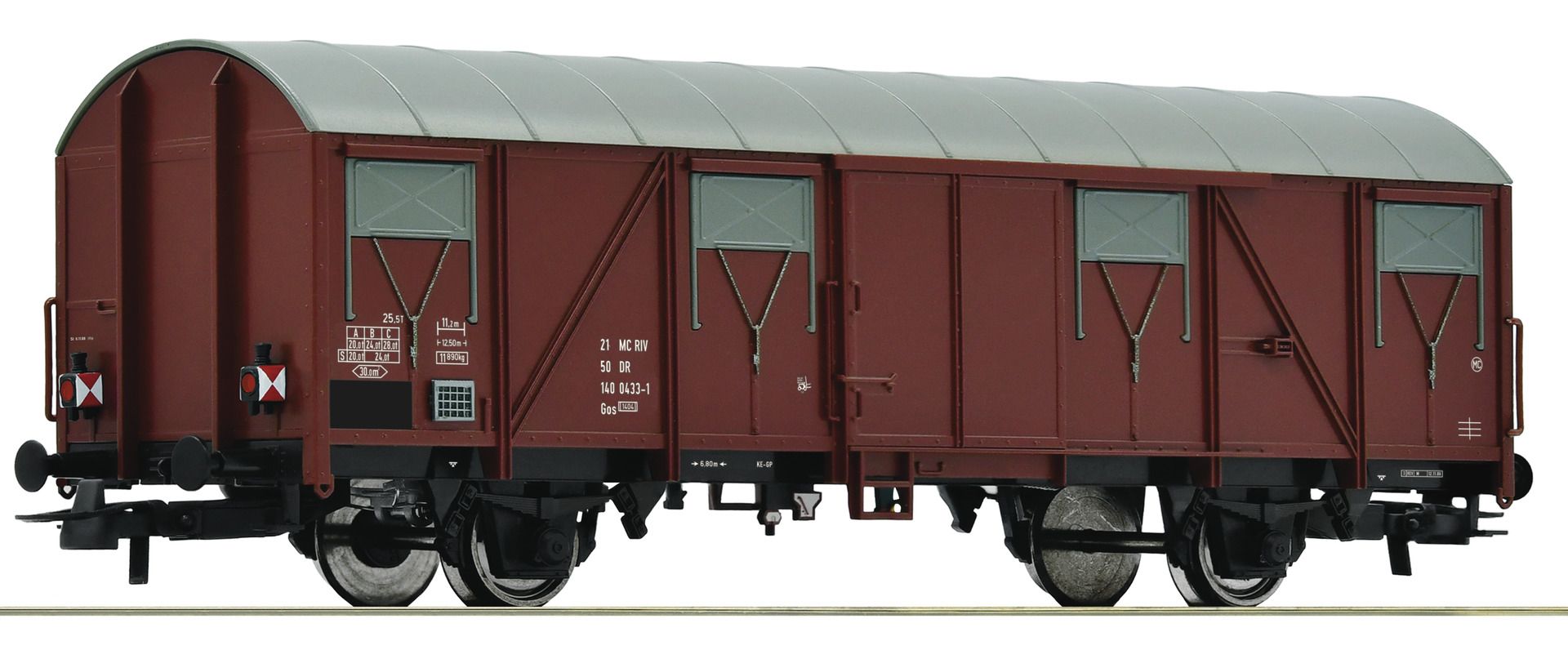 2-achsiger gedeckter Güterwagen, Gattung Gos, der Deutschen Reichsbahn. Ausgerüstet mit Schlussleuchten; mittels 2x AAA Batterien betrieben (nicht enthalten)