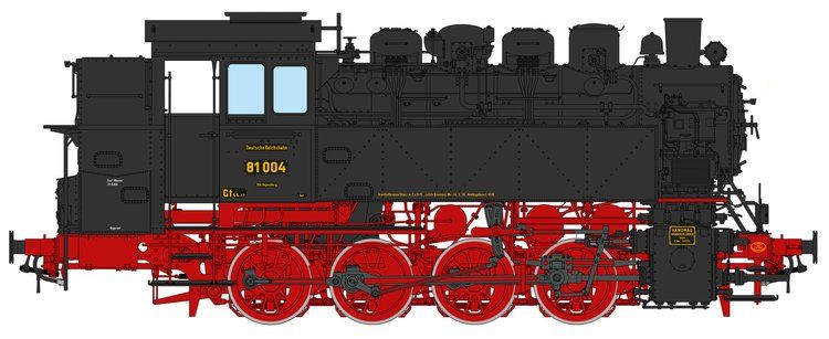 Bw Hof, RBD Regensburg, Rahmen: RAL 3000, Fahrwerk: RAL 3000, Räder: RAL 3000, Aufbau: RAL 9005, Rauchkammer: schwarz matt, schwarze Kesselringe, 2x DRG-Lampe, mit Rauchkammer-Zentralverschluß (mit Handrad),ohne Glocke, Generator quer vor Schlot lieg