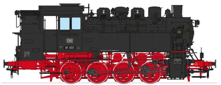 Bw Rheine, BD Münster, Rahmen: RAL 3002, Fahrwerk: RAL 3002, Räder: RAL 3002,Aufbau: RAL 9005, Rauchkammer: schwarz matt, schwarze Kesselringe, 2x DRG-Lampe + 1x DB-Hella Lampe, ohne Rauchkammer-Zentralverschluß, mit Glocke (hinter Schlot)