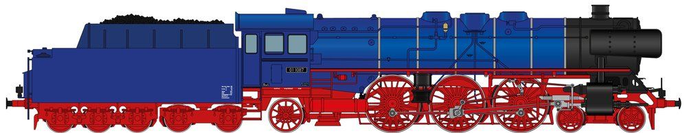 Aufbau: stahlblau RAL 5011, Fahrwerk: Karminrot RAL 3002, Rauchkammer: schwarz matt, silberne Kesselringe, Zustand: Feb. 1950, Altbaukessel mit obenliegenden Sandkasten, runde Rauchkammertür, Altbaukessel-Schlot, 2x DRG-Lampen, Indusi, Tender 2´2T34