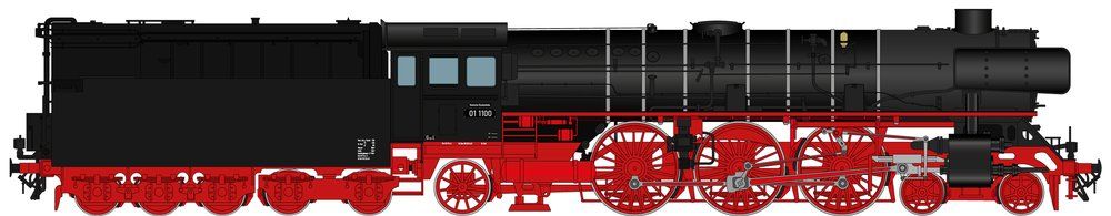 FINESCALE, Aufbau: schwarz RAL 9005, Fahrwerk: Karminrot RAL 3002, silberne Kesselringe, Zustand: Aug. 1956, Neubaukessel, hohe senkrechte Sandkästen am Umlauf, hoher Neubaukessel-Schlot, 2x DRG-Lampe, mit Indusi, Tender 2´3 T38 Öl