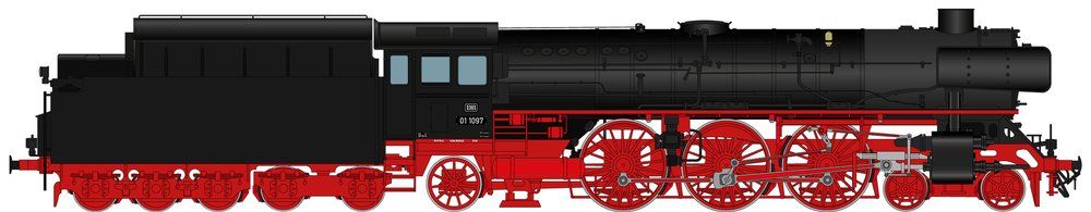 DB-Keks, Aufbau schwarz RAL 9005, Fahrwerk Karminrot RAL 3002, schwarze Kesselringe, Zustand 1963, Neubaukessel, niedrige schräge Sandkästen am Umlauf, Neubaukessel-Schlot, 2x DRG- u. 1x DB-Lampe, mit Indusi, Tender 2´3 T38 Kohleklappen servogesteuer