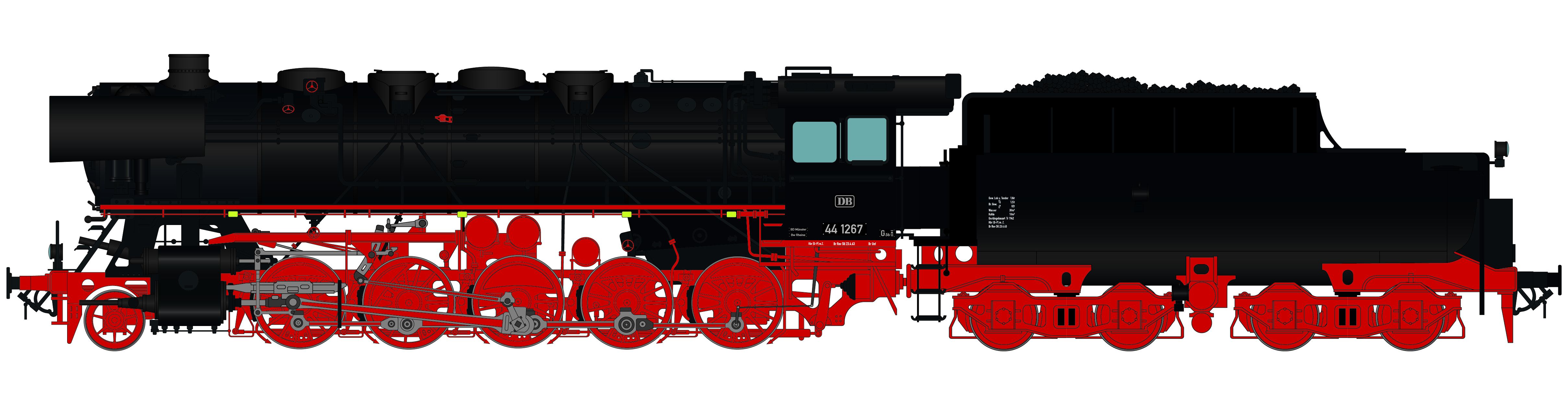 DB-Keks, BD Minden, Bw Rheine, Aufbau schwarz, Fahrwerk rot, schwarze Kesselringe, Zustand: Mai 1967, Witte Windleitbleche, Speichenvorlaufrad, ohne Schürze, 2 Seitenfenster, 3x DB-Lampen, mit Indusi, Tender: 2´2T34 Wannentender