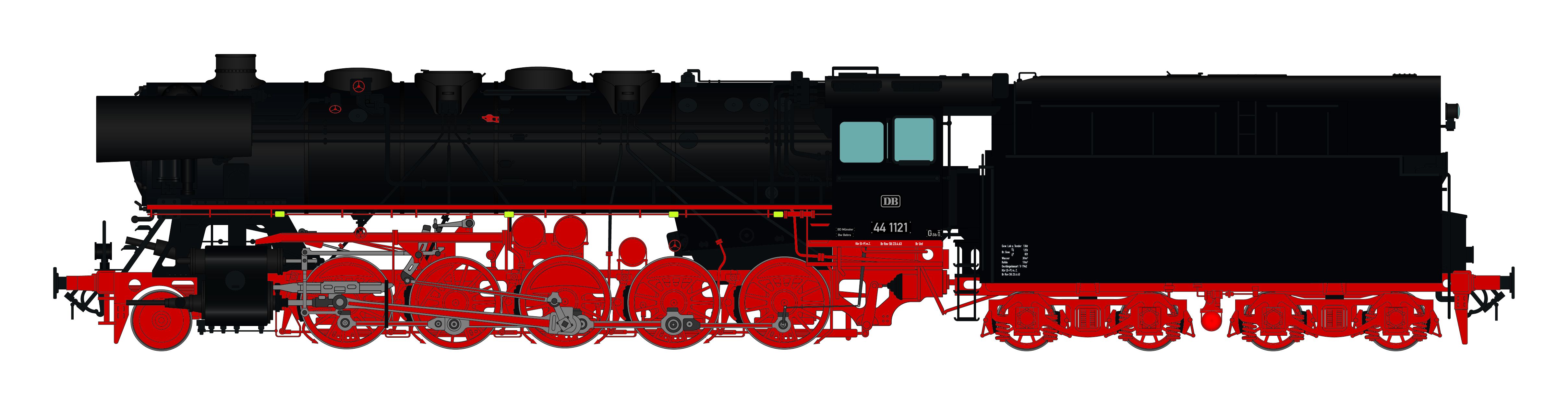 DB-Keks, BD Minden, Bw Bebra, Aufbau schwarz, Fahrwerk rot, schwarze Kesselringe, Zustand: Mai 1963, Witte Windleitbleche, Scheibenvorlaufrad, ohne Schürze, 2 Seitenfenster, 2xDRG- u. 1x DB-Lampen, mit Indusi, Tender: 2´2T34 Öltender
