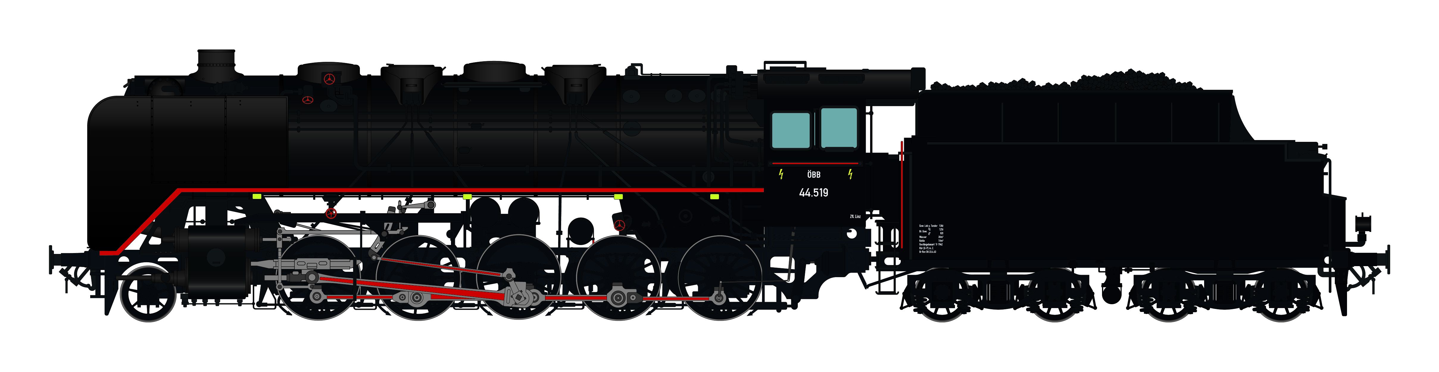 Aufbau/Fahrwerk/Rauchkammer schwarz, Zustand um Mitte 1950, Wagner Windleitbleche, Kohlegefeuert, Speichenvorlaufrad,  mit Schürze, 2 Seitenfenster, 2-Licht-Spitzensignal (DRG Lampen), ohne Indusi, Tender: 2´2 T34