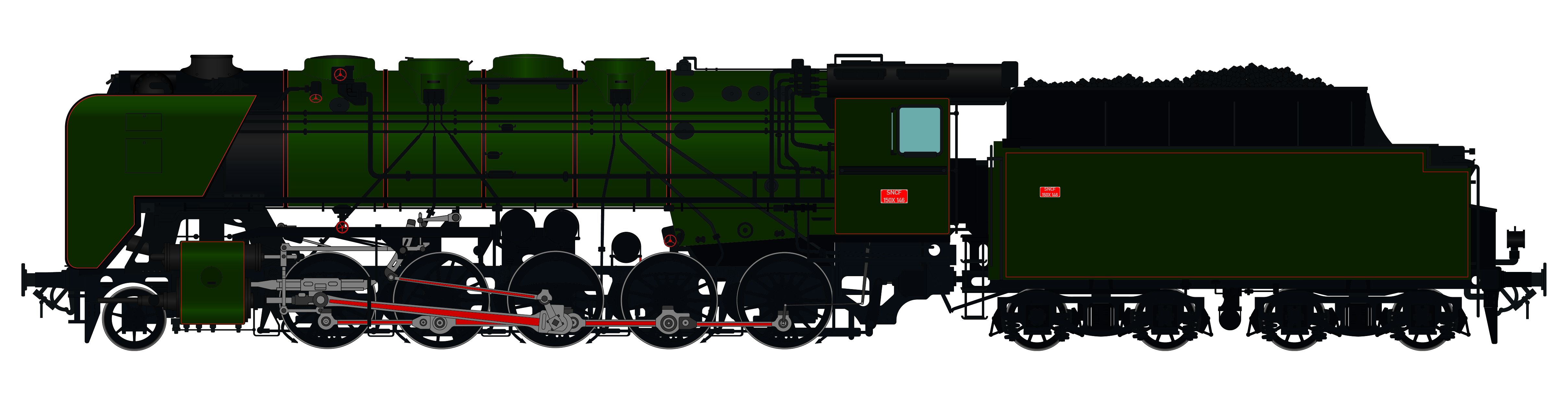 Aufbau grün, Fahrwerk/Rauchkammer schwarz, rote Zielinien, Depot Valenciennes, Zustand um Mitte 1950, SNCF Windleitbleche, Kohlegefeuert, Speichenvorlaufrad, mit Schürze, 1 Seitenfenster, 2x (DRG Lampen), ohne Indusi, Tender: 2´2 T34